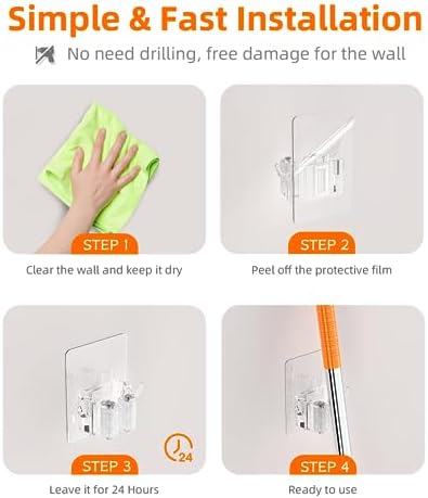 Batur 4 Pack Broom Holder Wall Mount with Hooks