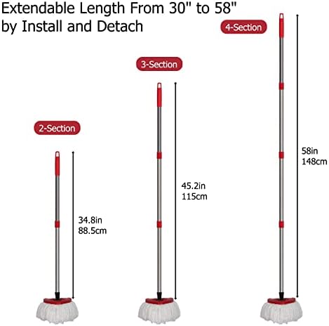Qulable Spin Mop Handle Replacement - 4-Section Adjustable Red