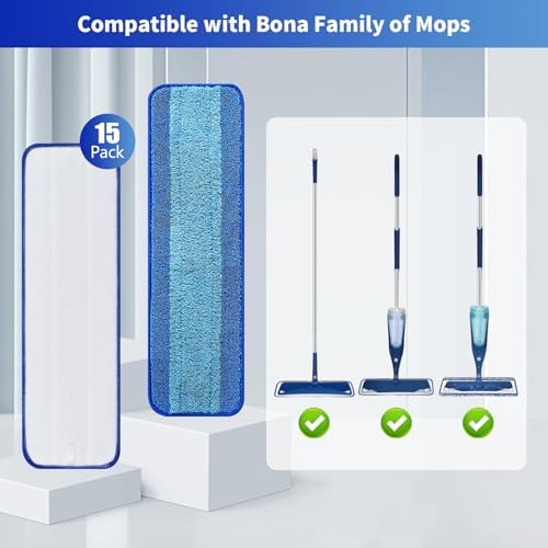 15 Pack Microfiber Mop Pads - Washable Reusable for Bona Mops