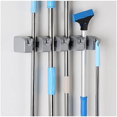Wall-Mounted Mop Holder with 4 Slots and 5 Hooks