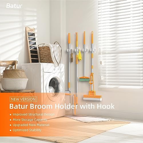 Batur 4 Pack Broom Holder Wall Mount with Hooks