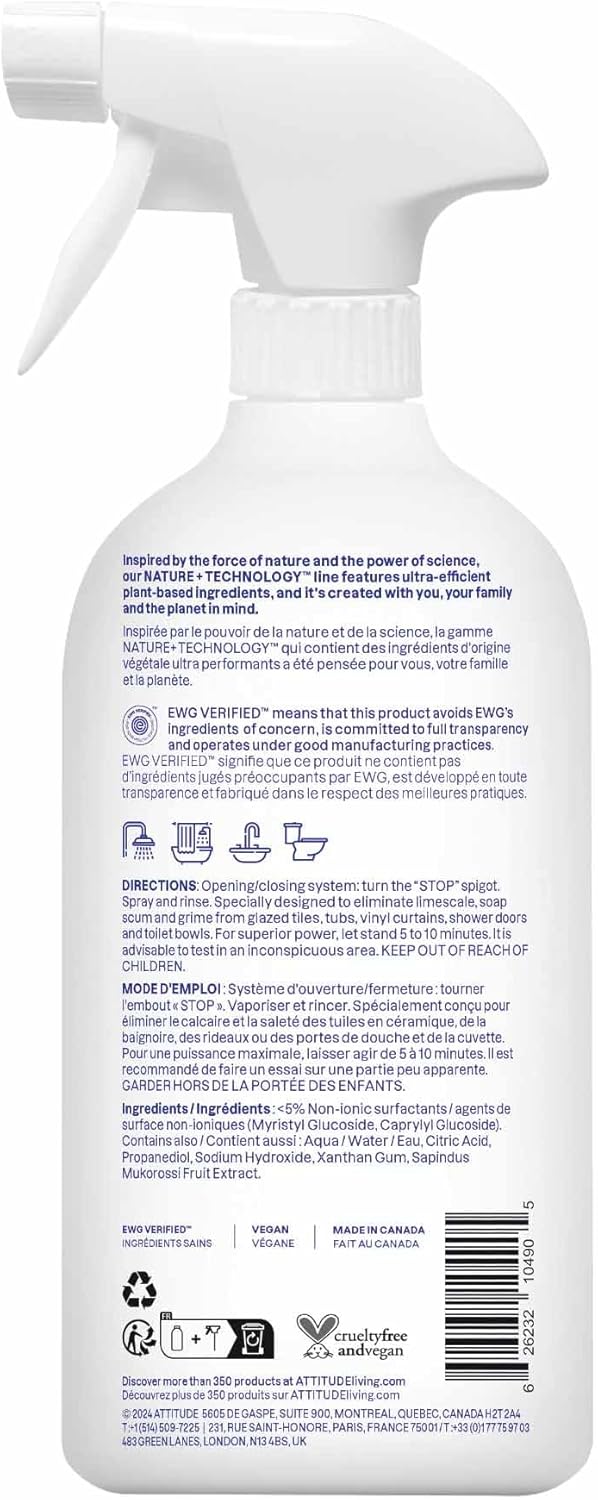 ATTITUDE Bathroom Cleaner Spray 271 Fl Oz EWG Verified Plant-Based Vegan