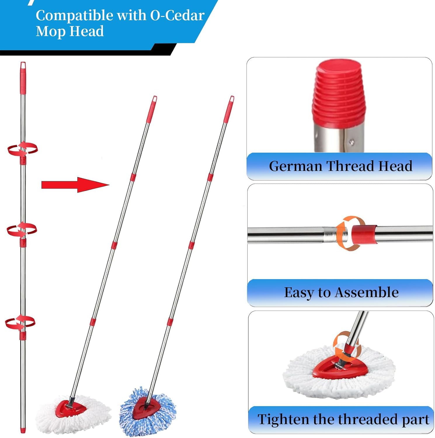 Generic Mop Handle Replacement 4 Section Red 30 to 58 1