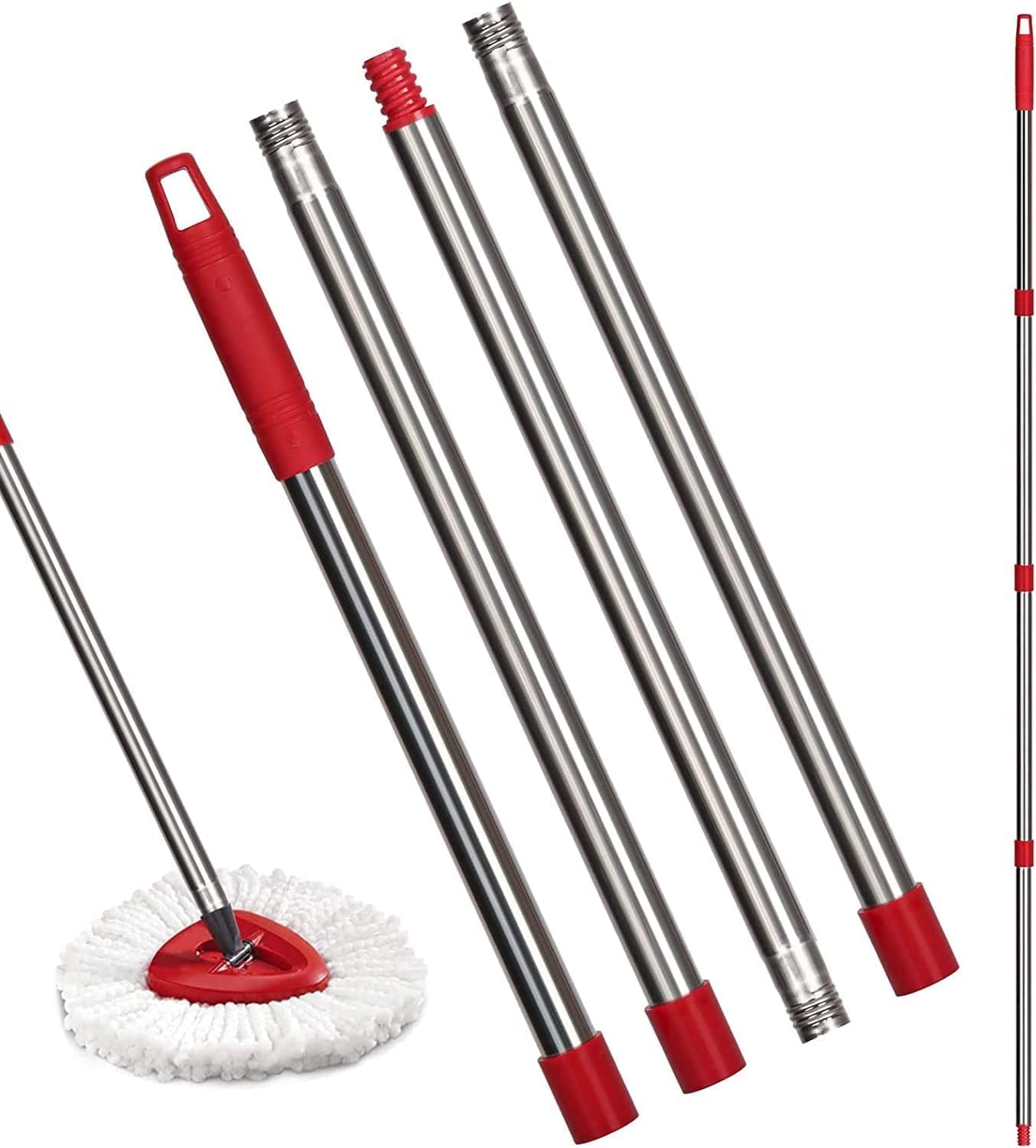 Qulable Spin Mop Handle Replacement - 4-Section Adjustable Red