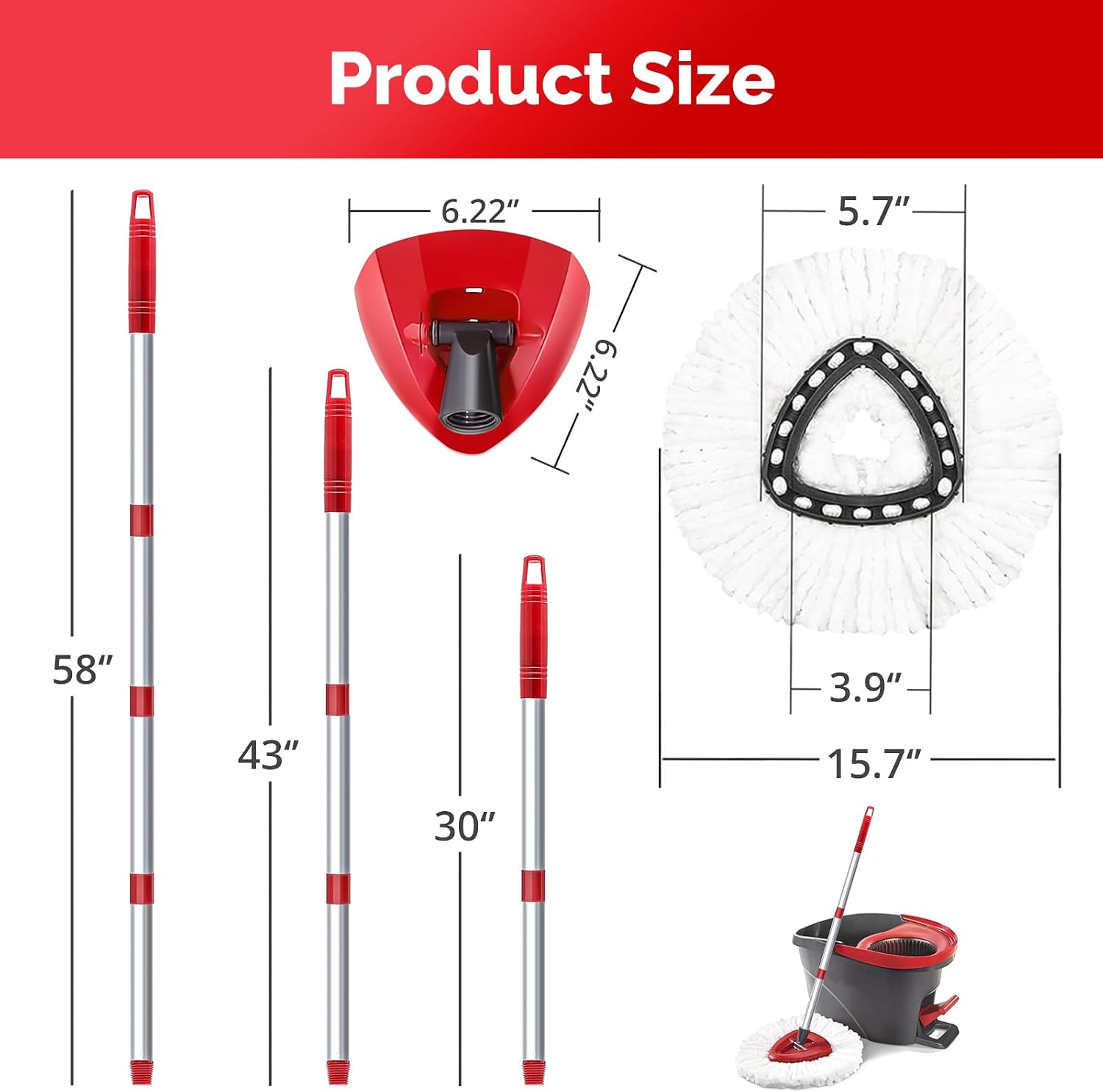 Spin Mop Replacement Head Set with Adjustable Handle and Base