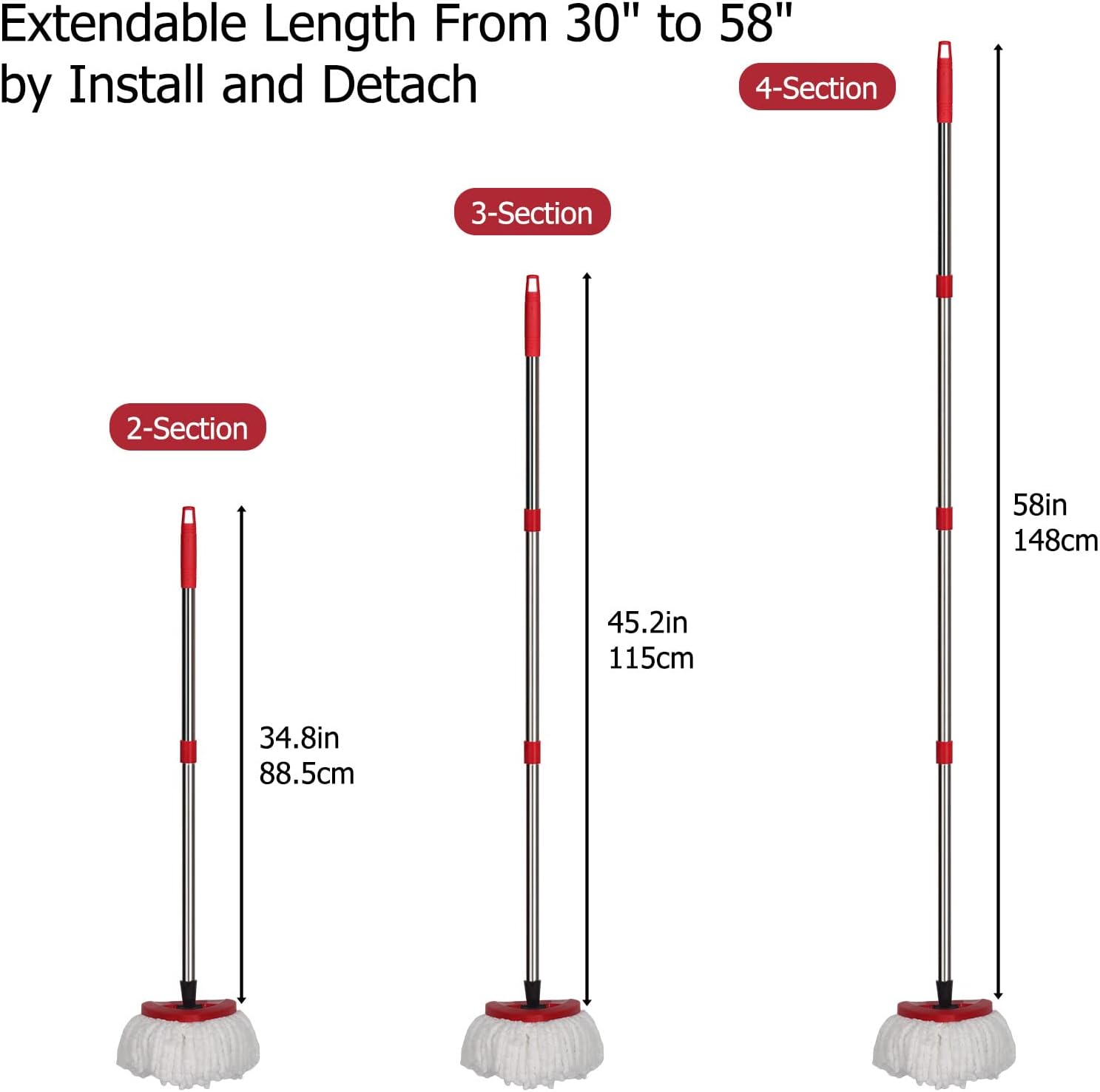 Qulable Spin Mop Handle Replacement - 4-Section Adjustable Red