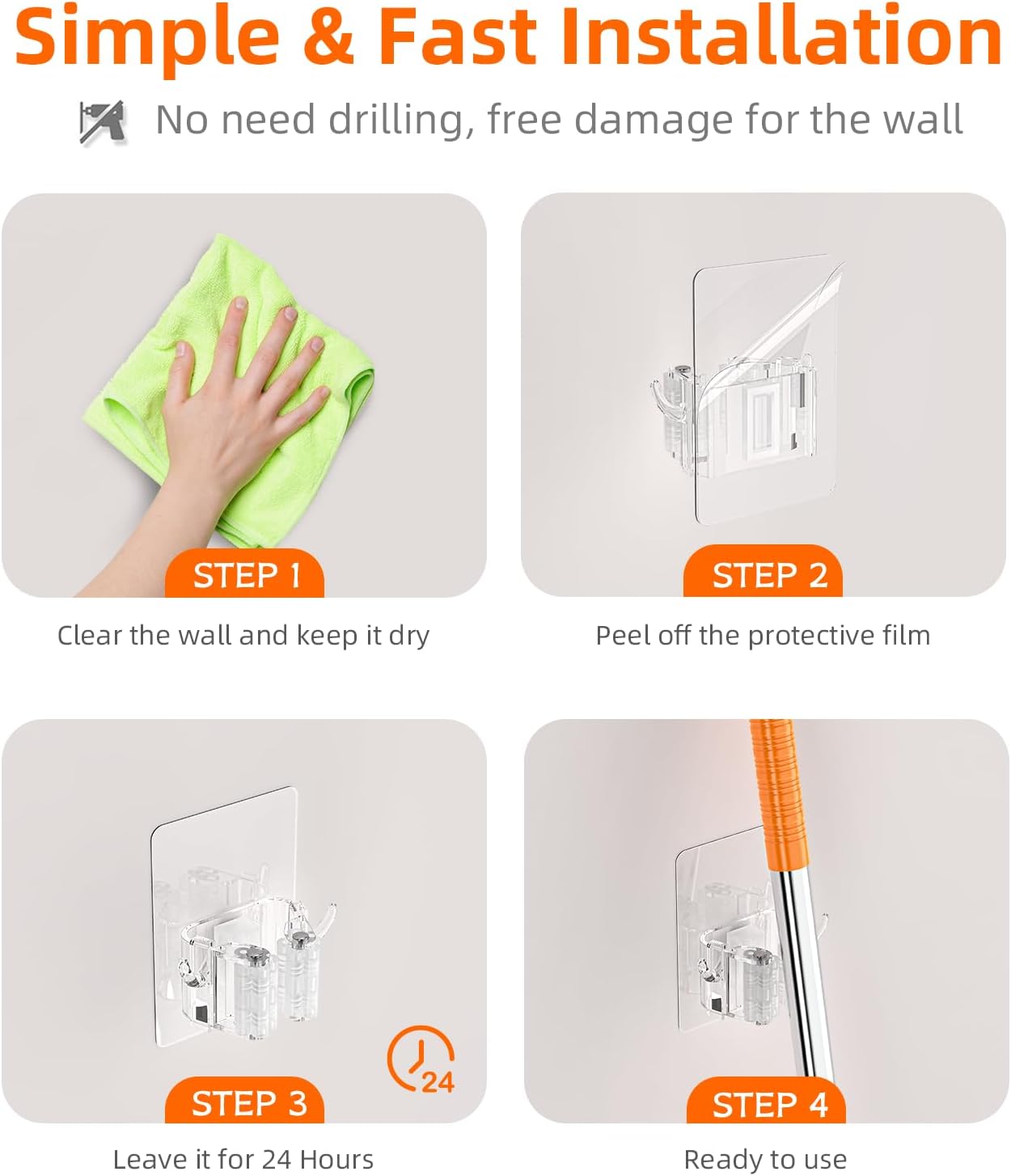 Batur 4 Pack Broom Holder Wall Mount with Hooks