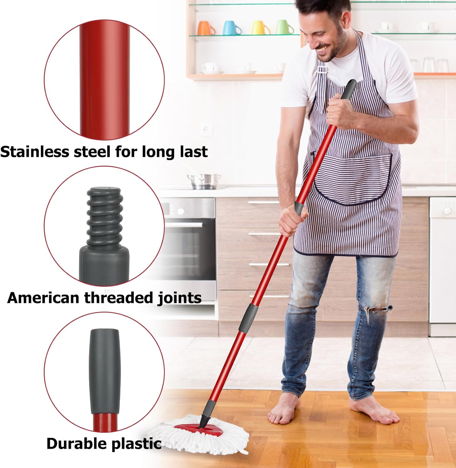 Qulable Spin Mop Replacement Handle - 4-Section Adjustable 30 to 58 Mop Stick