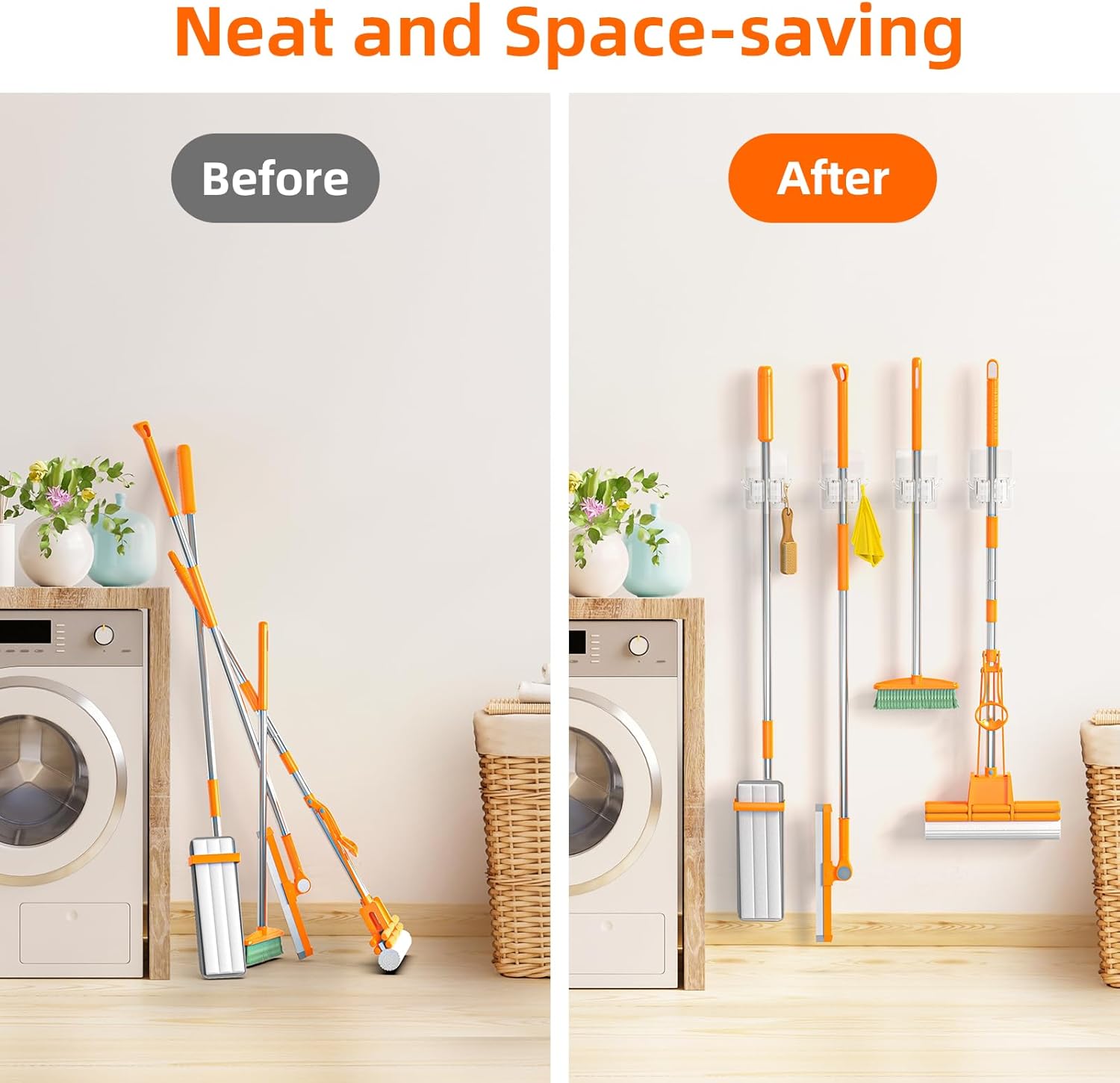 Batur 4 Pack Broom Holder Wall Mount with Hooks