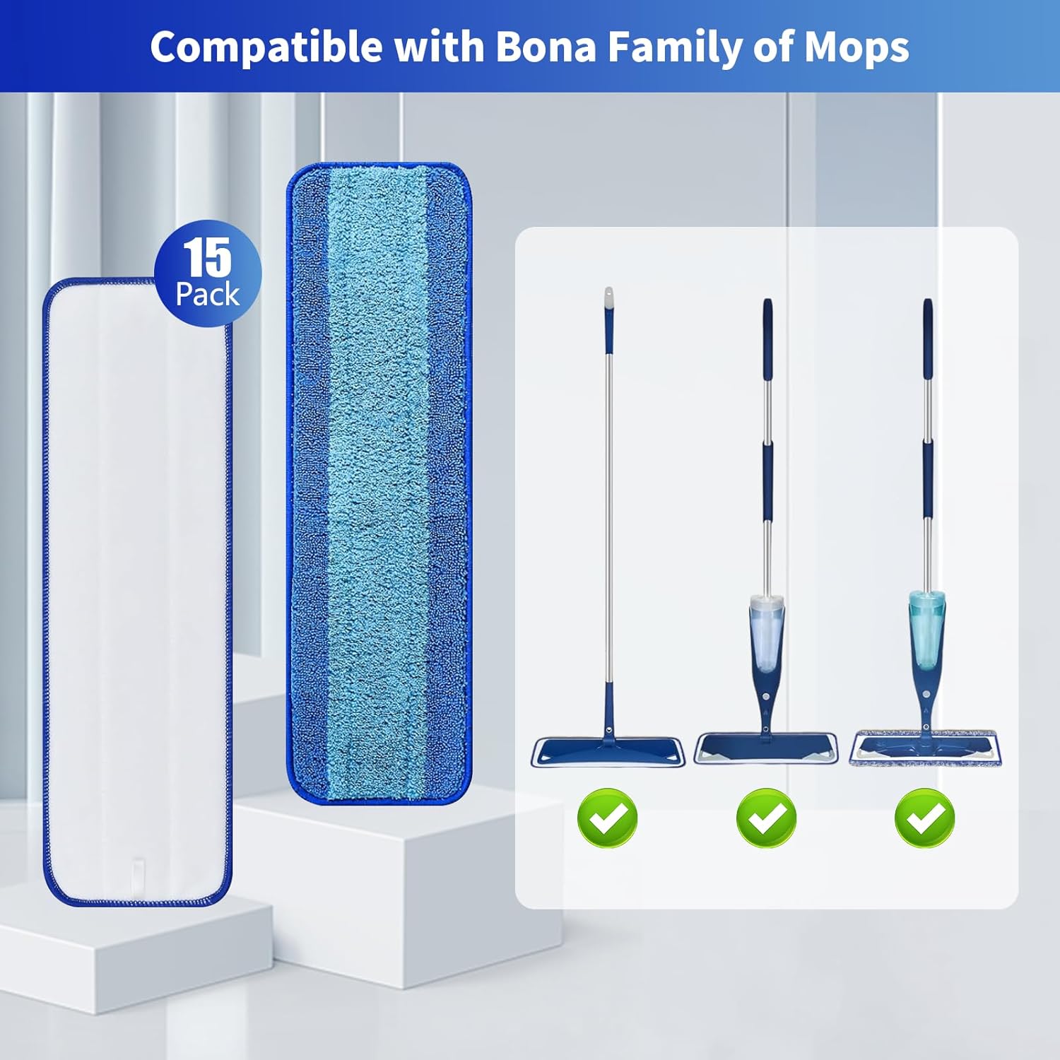 15 Pack Microfiber Mop Pads - Washable Reusable for Bona Mops