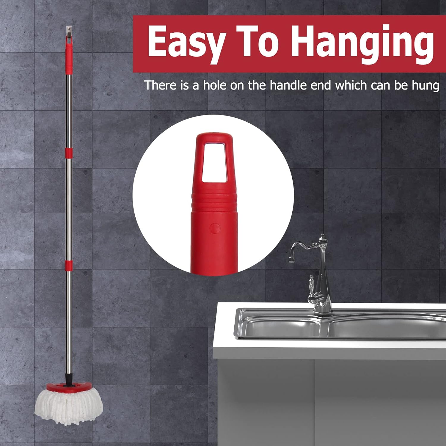 Qulable Spin Mop Handle Replacement - 4-Section Adjustable Red