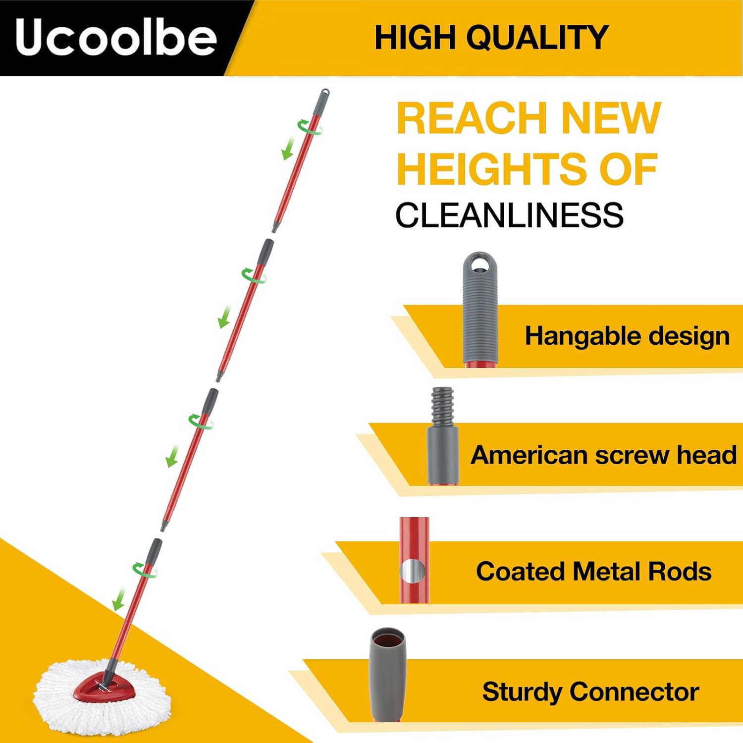 Ucoolbe Spin Mop Handle Replacement 4-Piece Adjustable 30-58