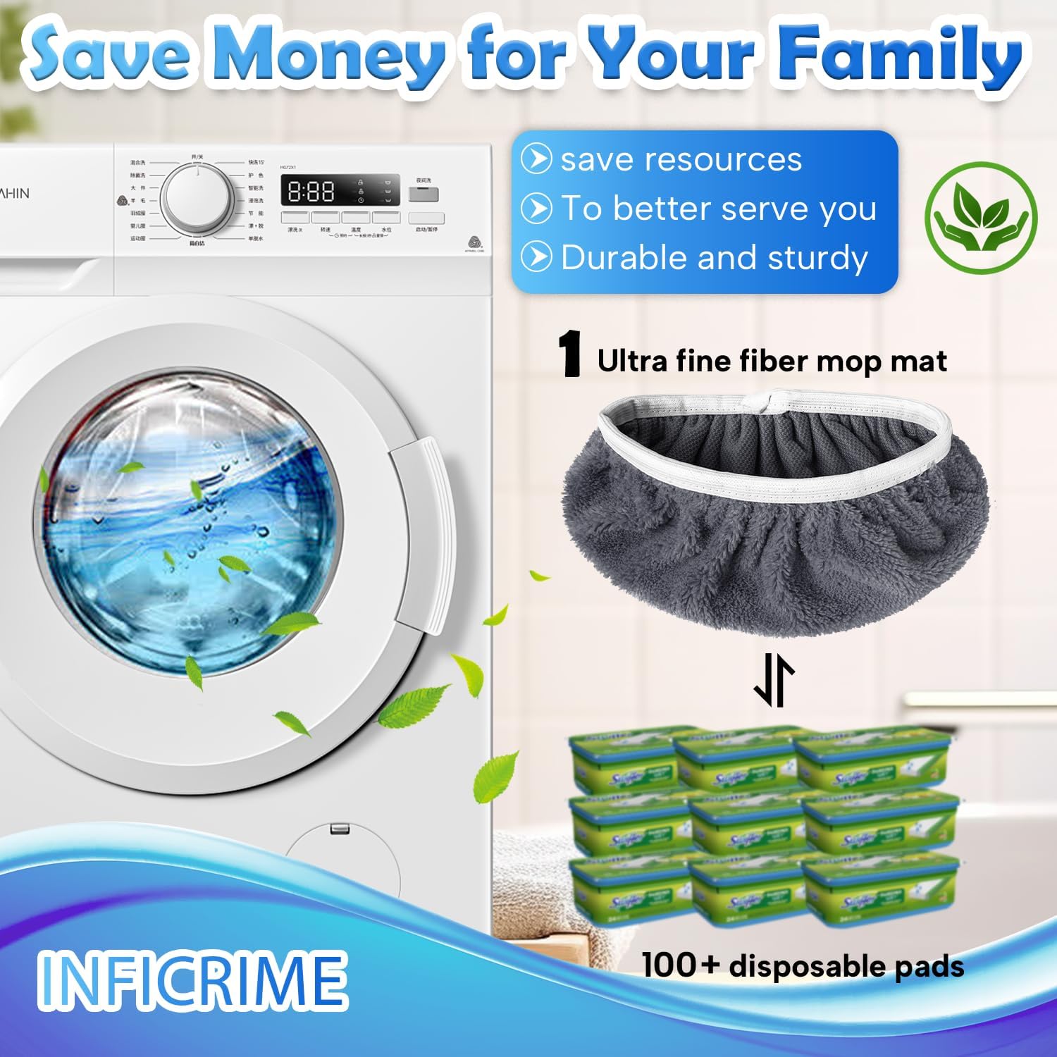INFICRIME 6 Pack Reusable Microfiber Mop Pads