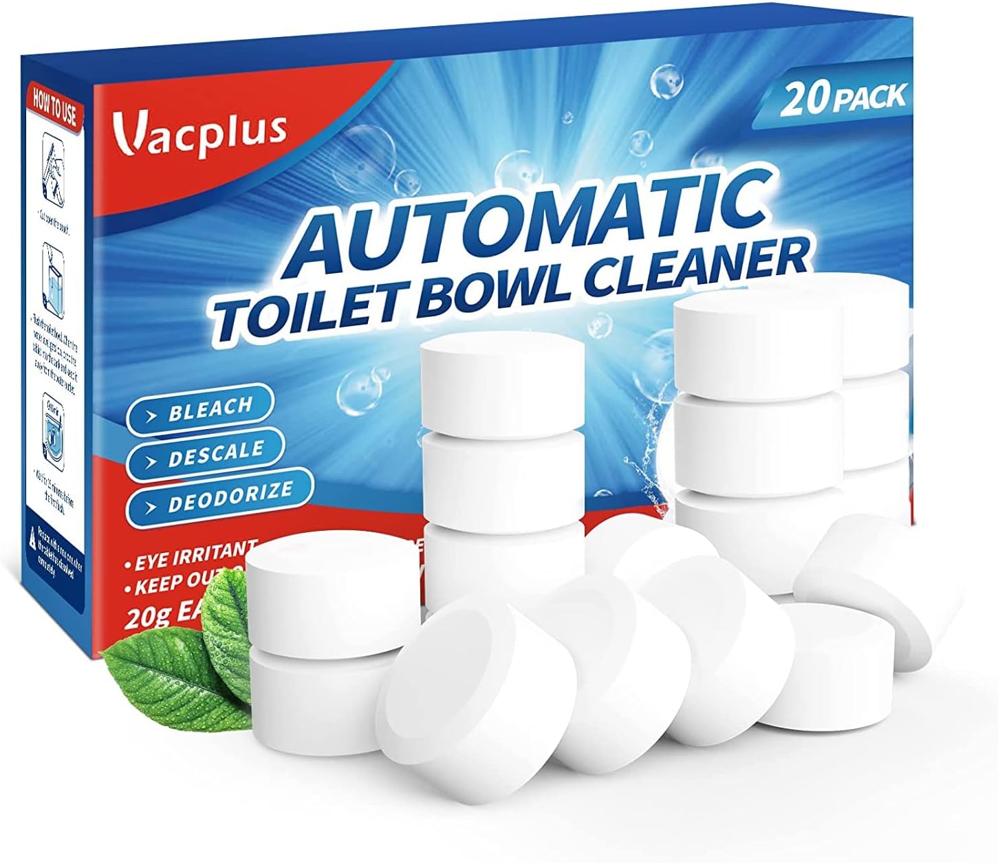 Vacplus Toilet Cleaner Tablets 20 Pack Automatic Cleaners with Bleach
