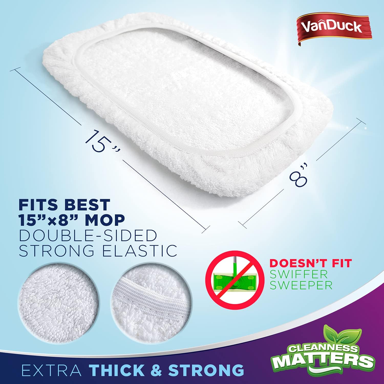 VanDuck 100 Cotton Terry Mop Pads 3-Pack 8x15 Inches