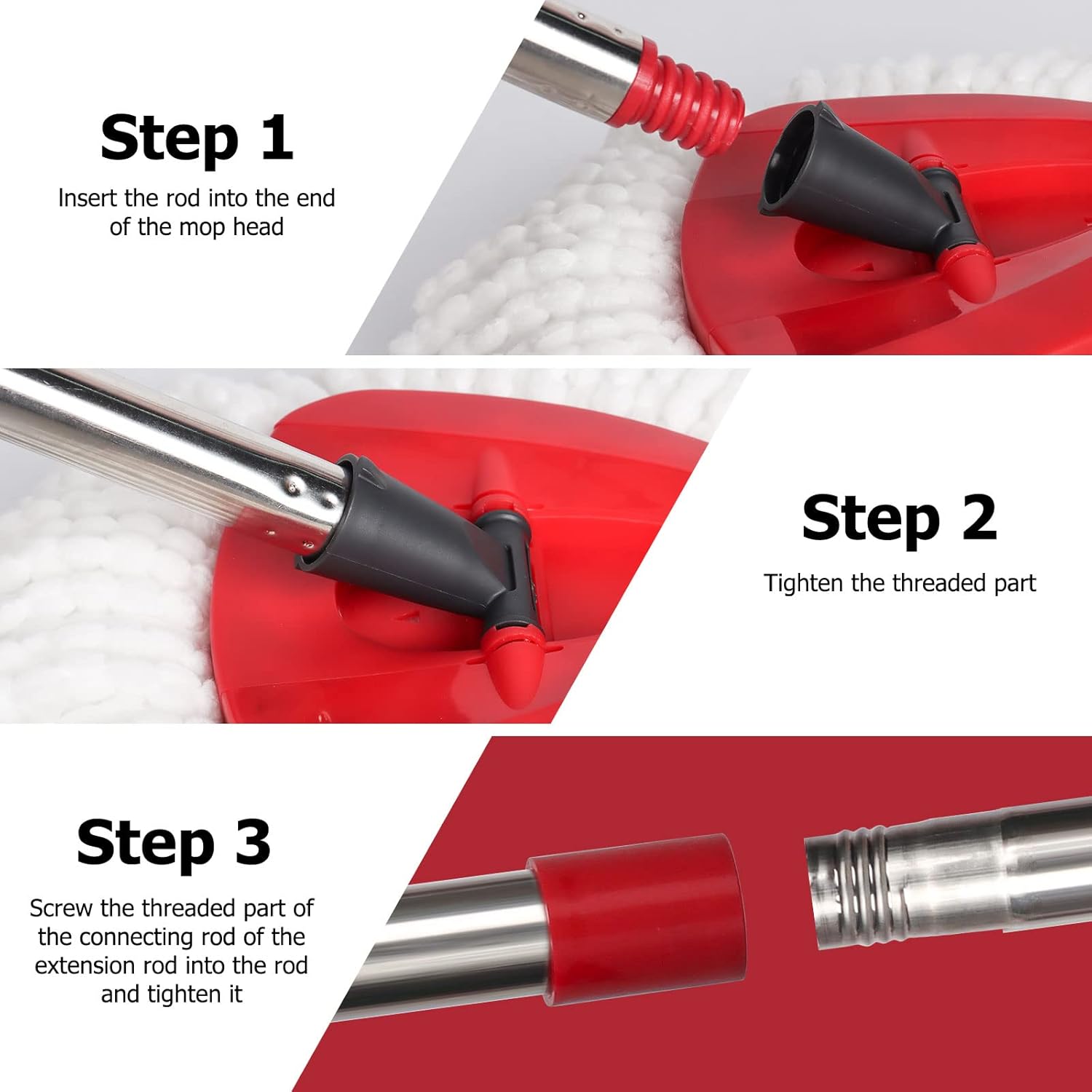 Qulable Spin Mop Handle Replacement - 4-Section Adjustable Red