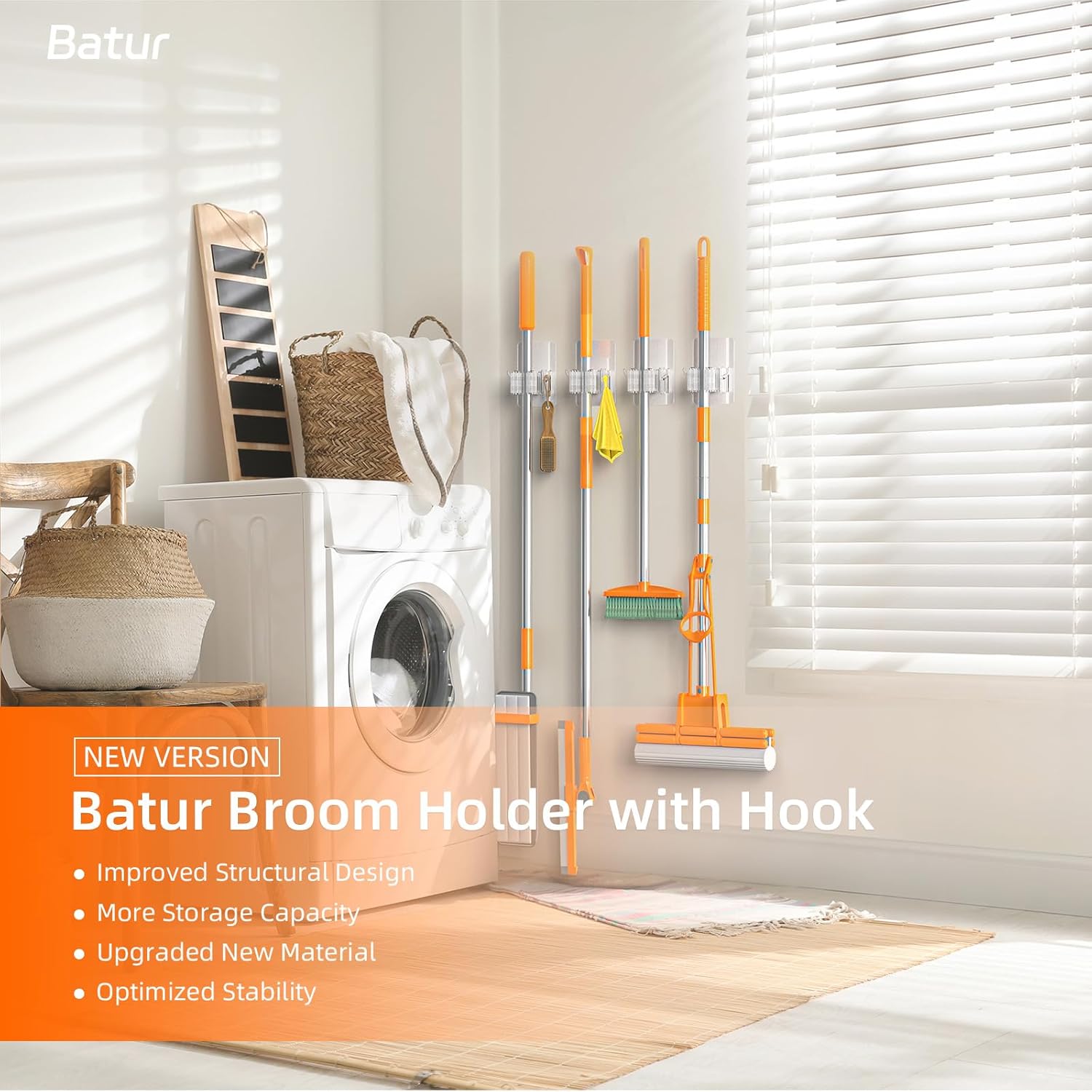 Batur 4 Pack Broom Holder Wall Mount with Hooks
