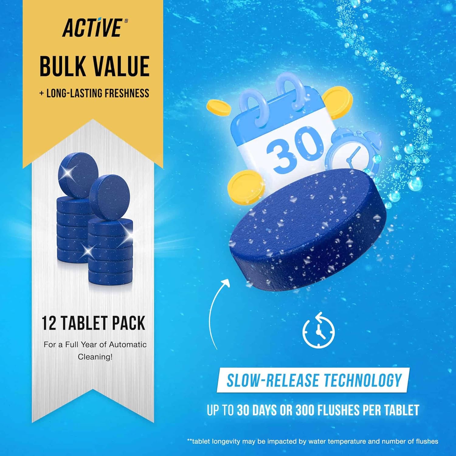 ACTIVE Automatic Toilet Cleaner Tablets - 12 Pack Septic Safe Heavy Duty