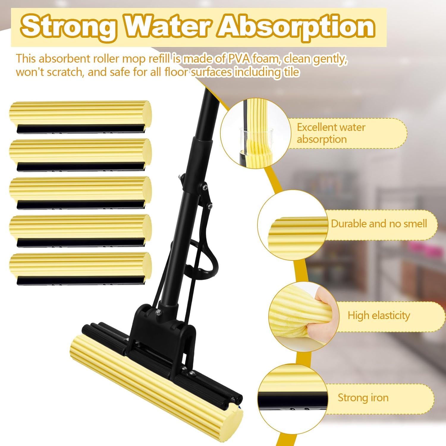 10 Pcs Yellow PVA Sponge Mop Head Refill Replacement