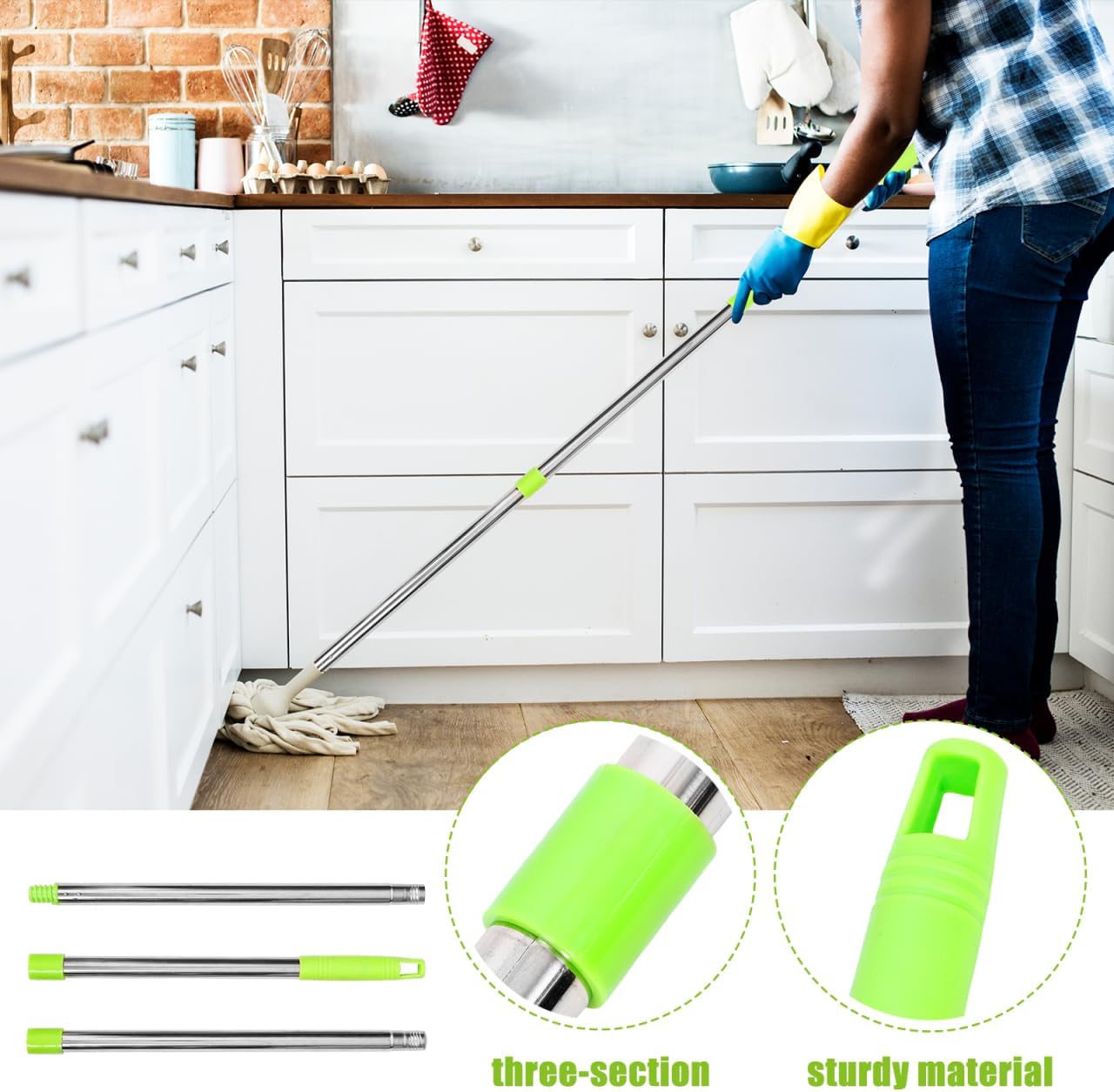 Ipetboom Adjustable 3-Section Mop Handle with Green Thread