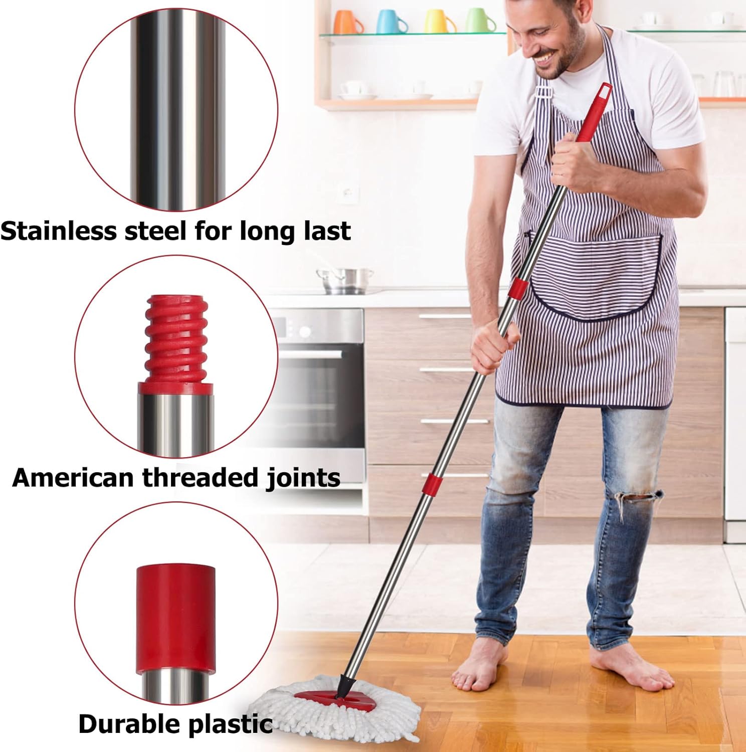 Qulable Spin Mop Handle Replacement - 4-Section Adjustable Red