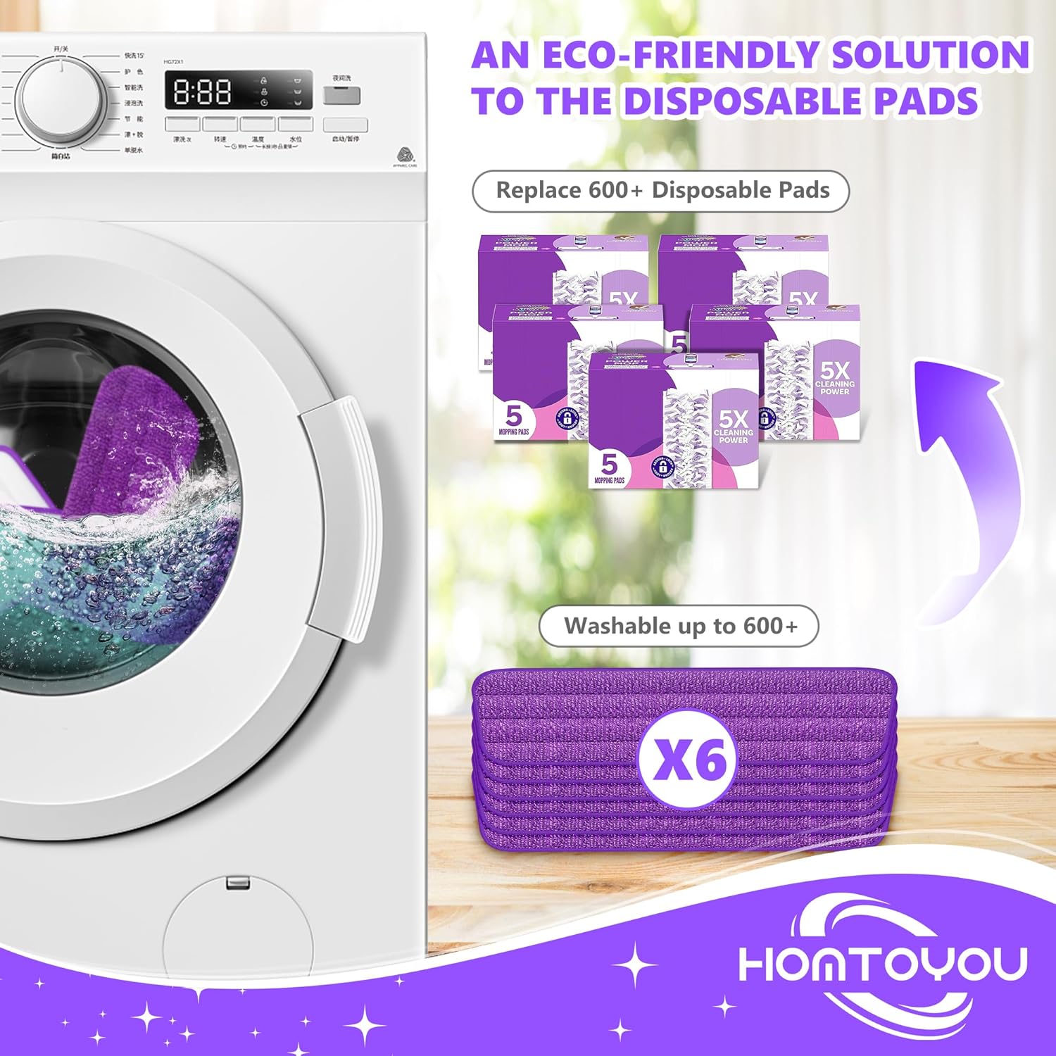 HOMTOYOU Reusable Mop Pads for Swiffer PowerMop - 6 Pack Microfiber Refills