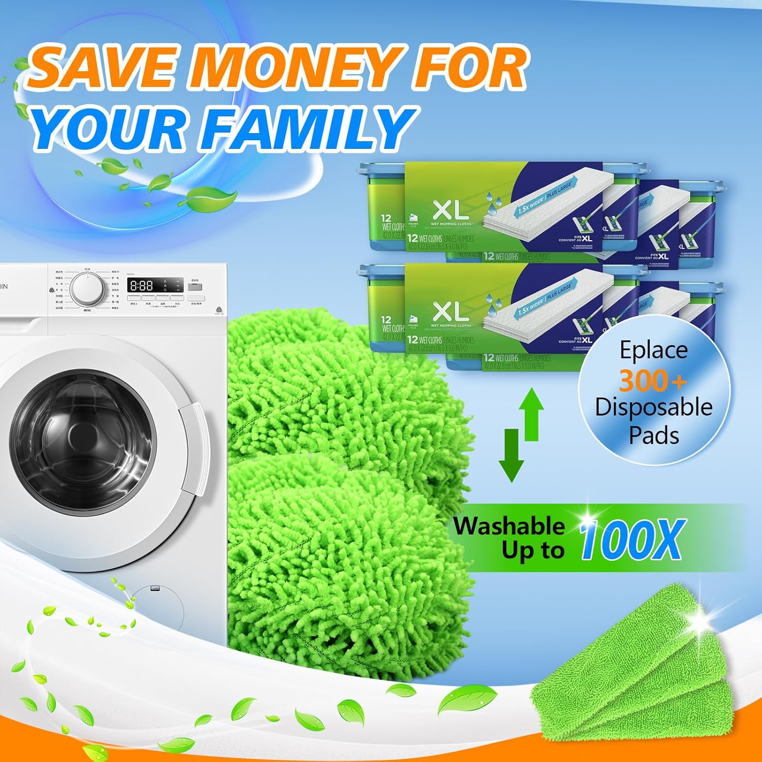 Yicotira Reusable Microfiber Mop Pads 2 Pack
