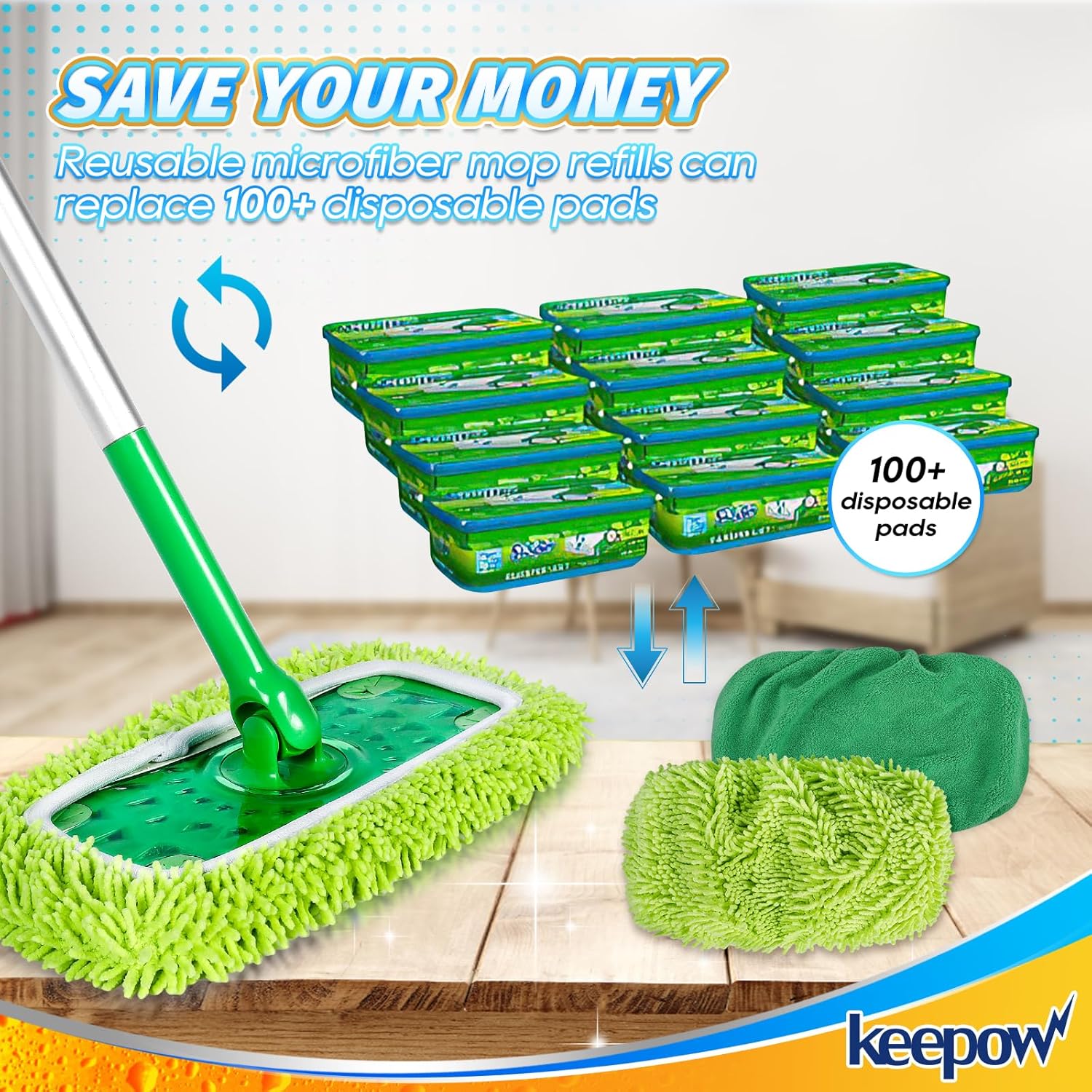 KEEPOW Reusable Microfiber Mop Pads - 4 Pack for Swiffer Sweeper