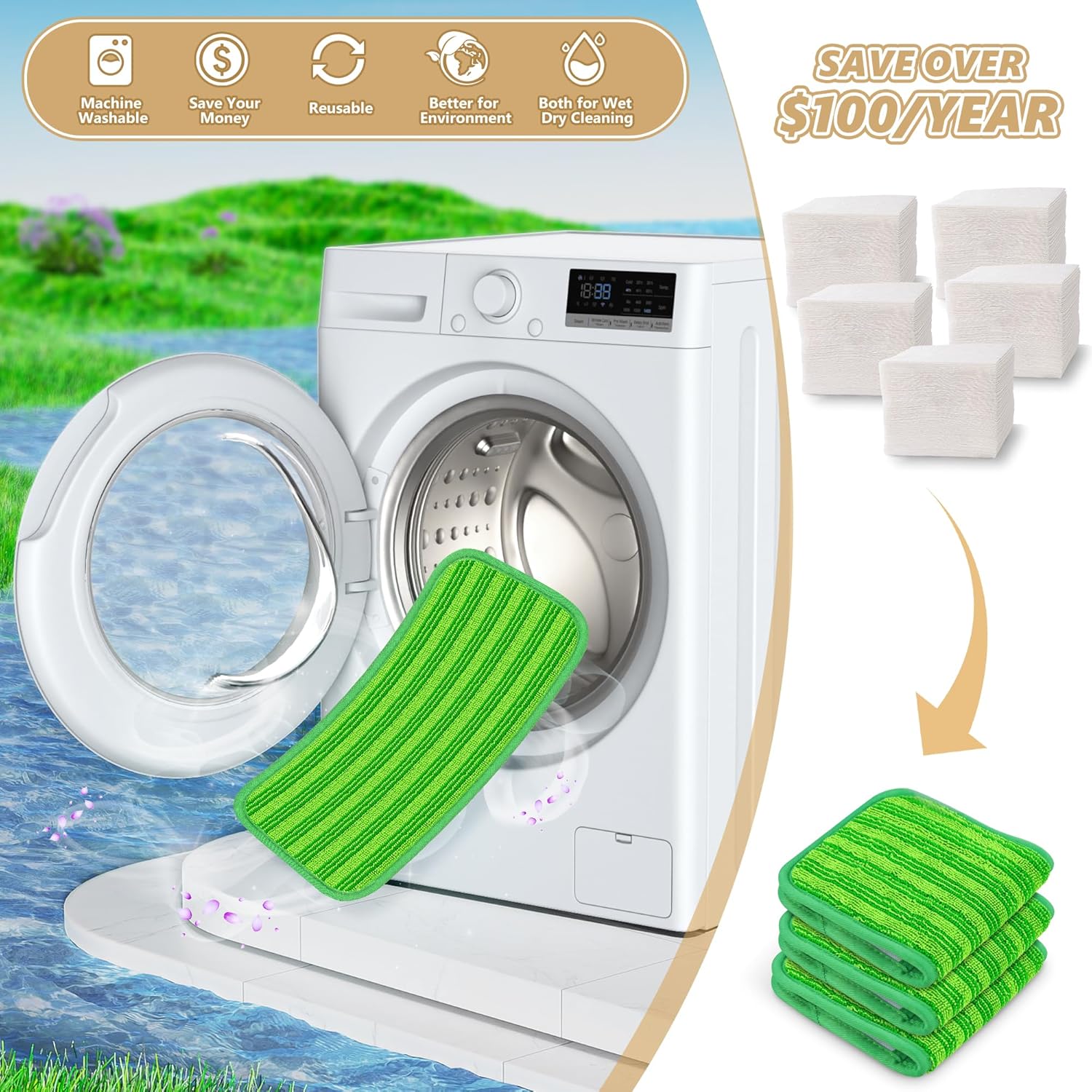 PAPCLEAN Reusable Mop Pads for Swiffer - 3 Pack Green