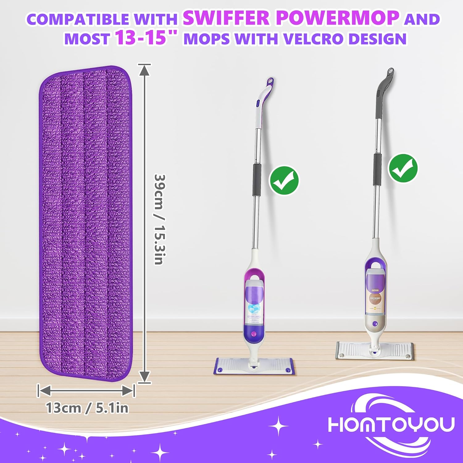 HOMTOYOU Reusable Mop Pads for Swiffer PowerMop - 6 Pack Microfiber Refills