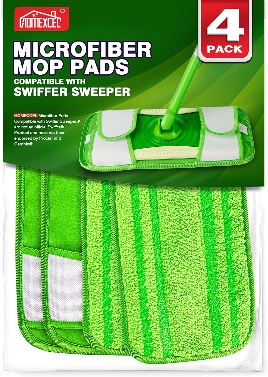 HOMEXCEL Microfiber Mop Pads - Reusable Swiffer Compatible Pack of 4