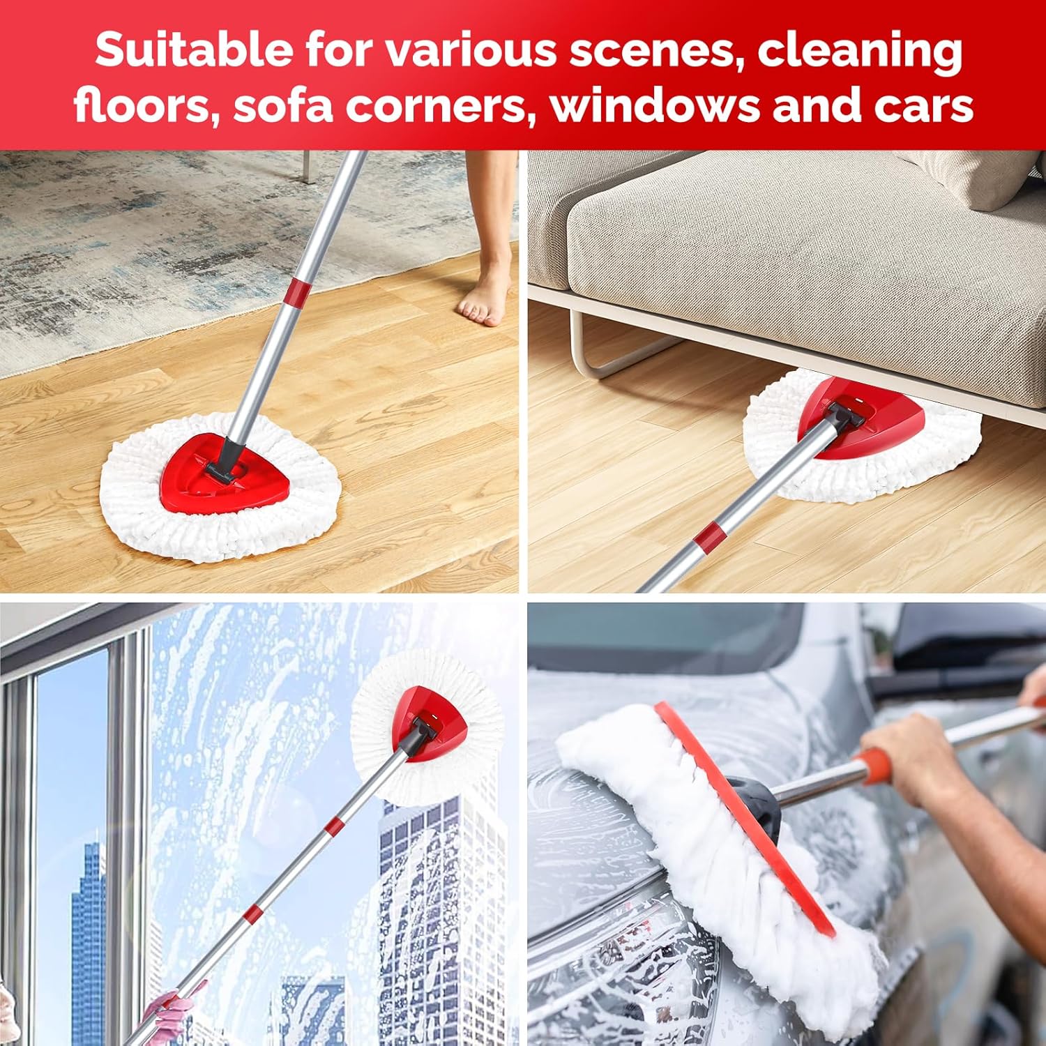 Spin Mop Replacement Head Set with Adjustable Handle and Base
