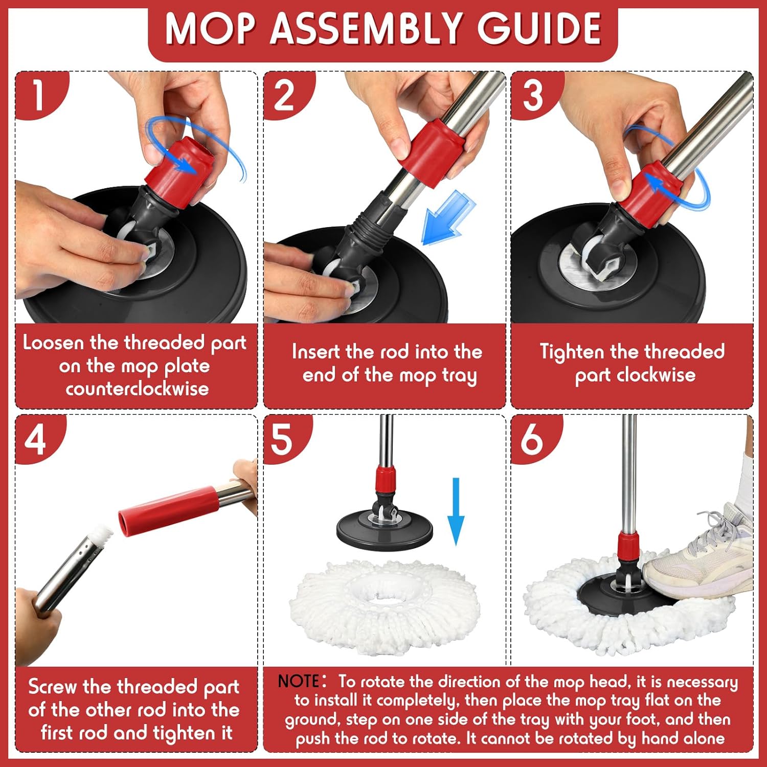 Rtteri Spin Mop Handle Replacement - Rotating Telescoping Pole for Cleaning Black